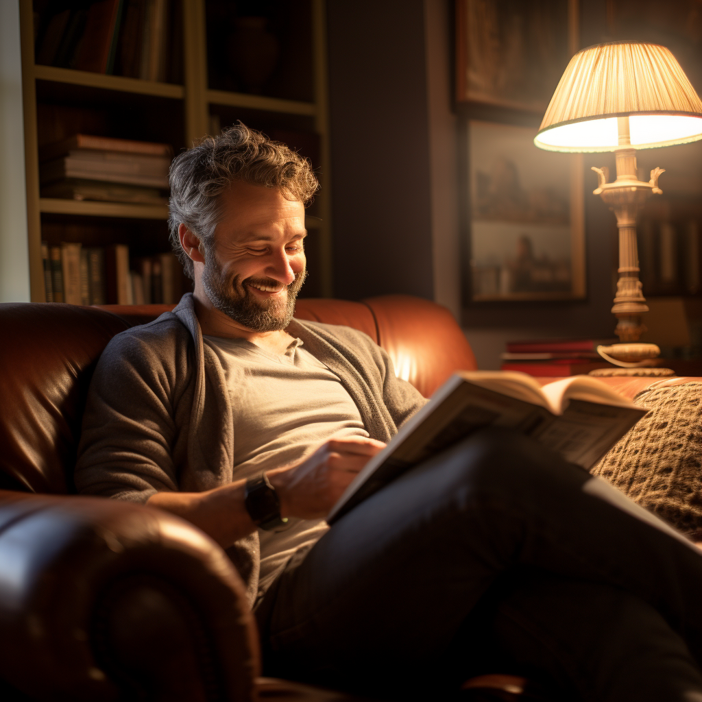 A happy man reading a book in his sofa