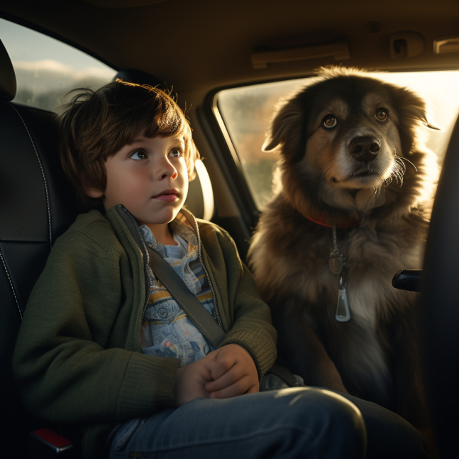 A child and his dog sitting in the back of a car looking scared